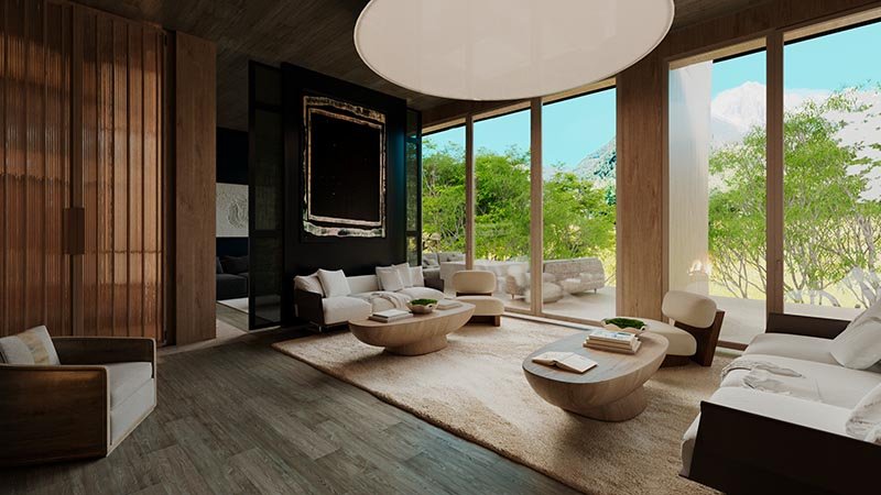 Salón de diseño con doble altura