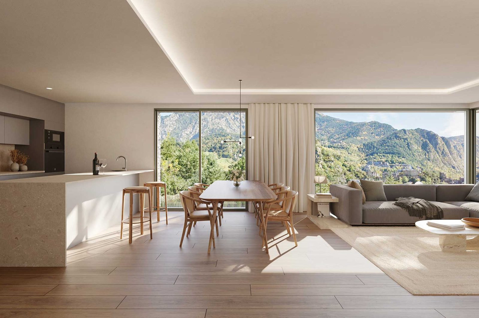 Cocina abierta y comedor con vistas