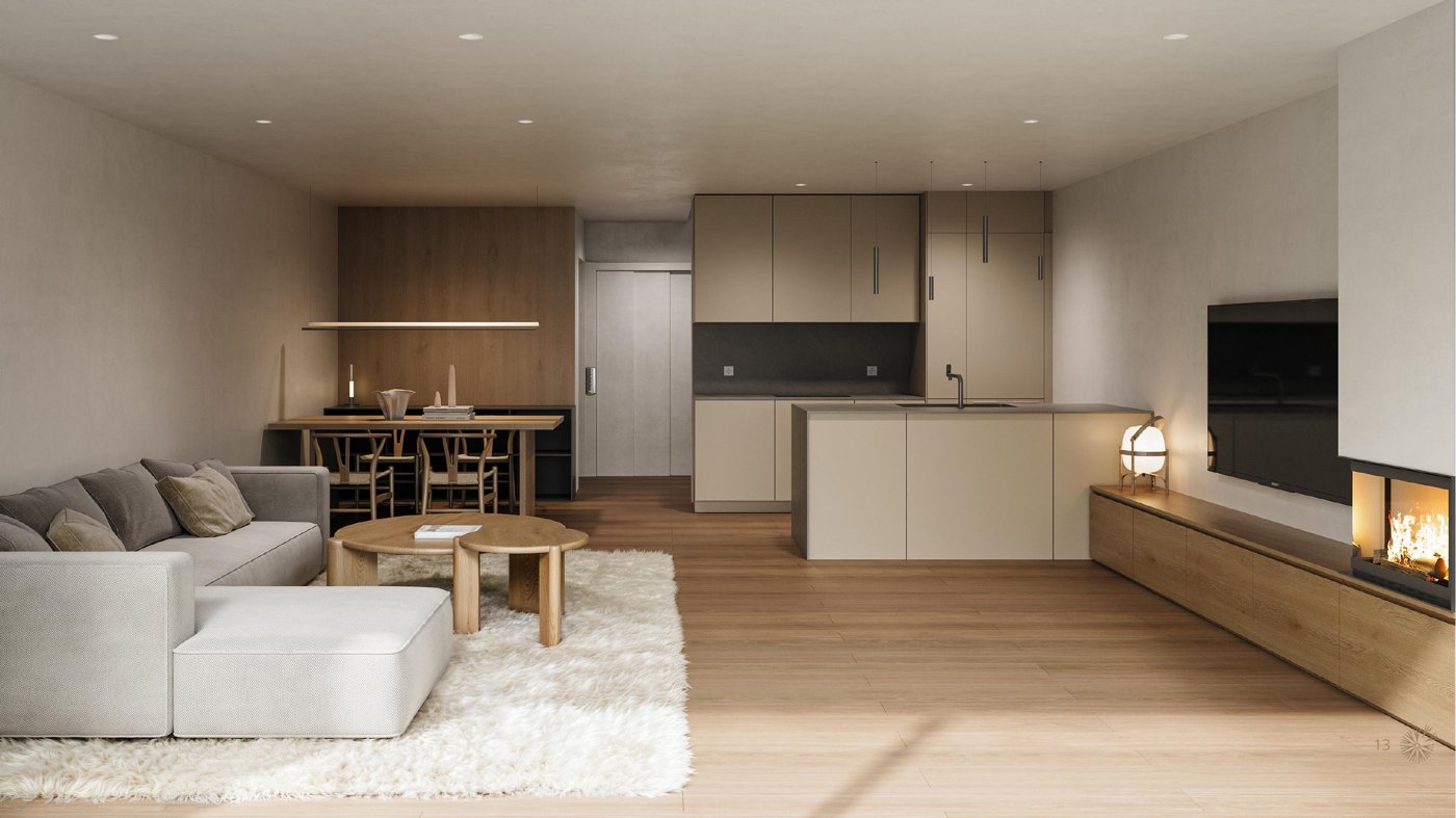 Salón cocina de concepto abierto con chimenea