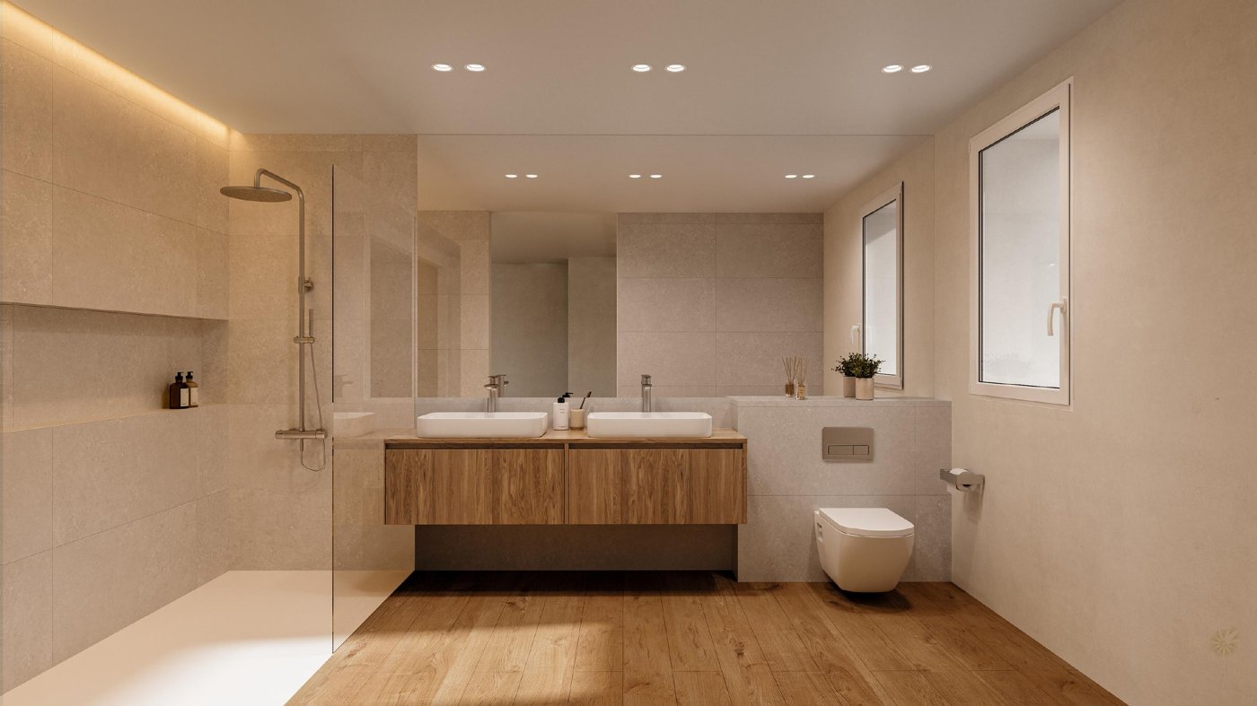 Baño principal en piedra natural y madera